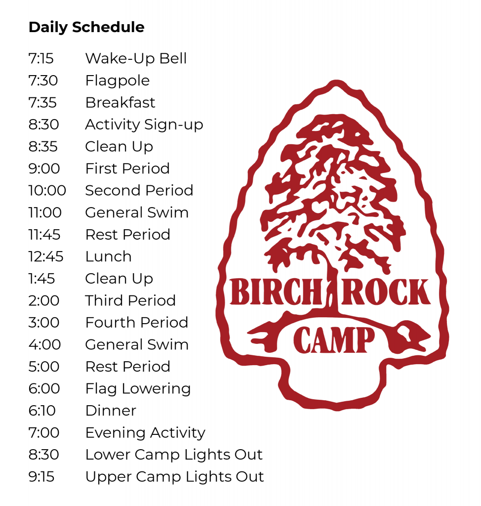 Daily Schedule at Birch Rock Camp